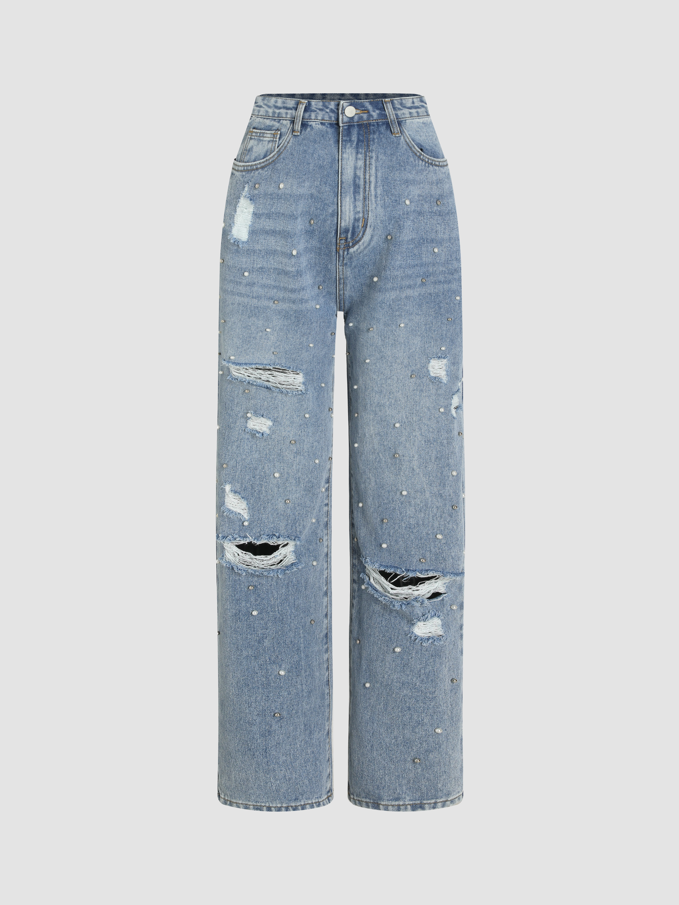 Denim Faux Pearl High Waist Ripped Jeans - Cider