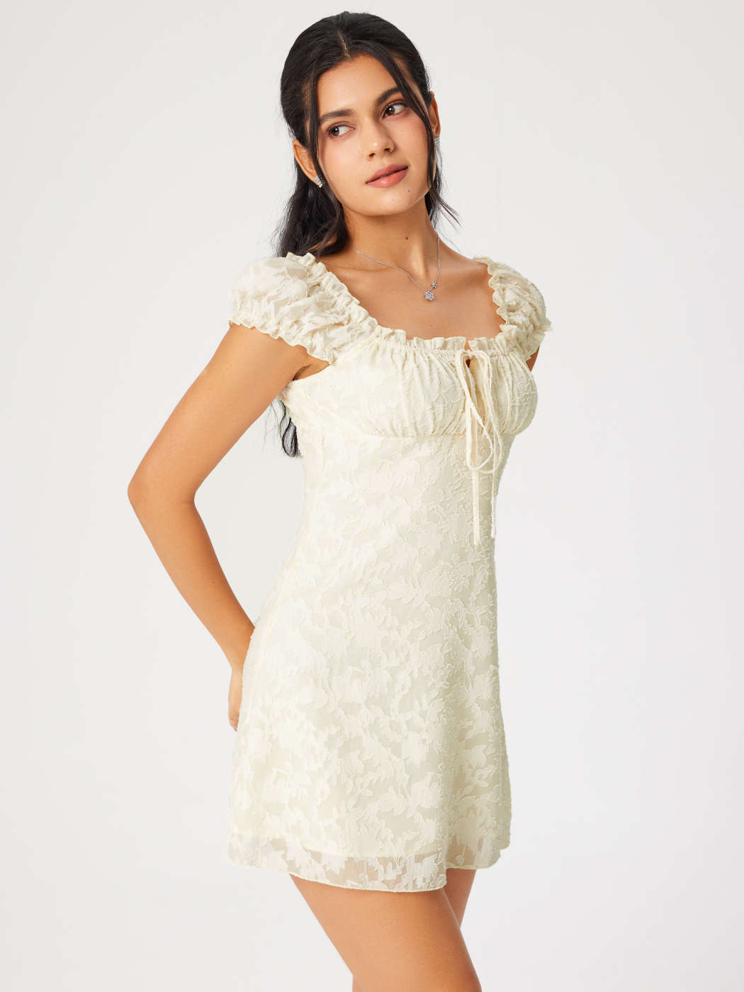 Short White Floral Dress with Jacquard Ruffles