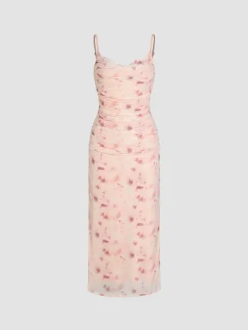 Blumiges Netz-Rouché-Midikleid