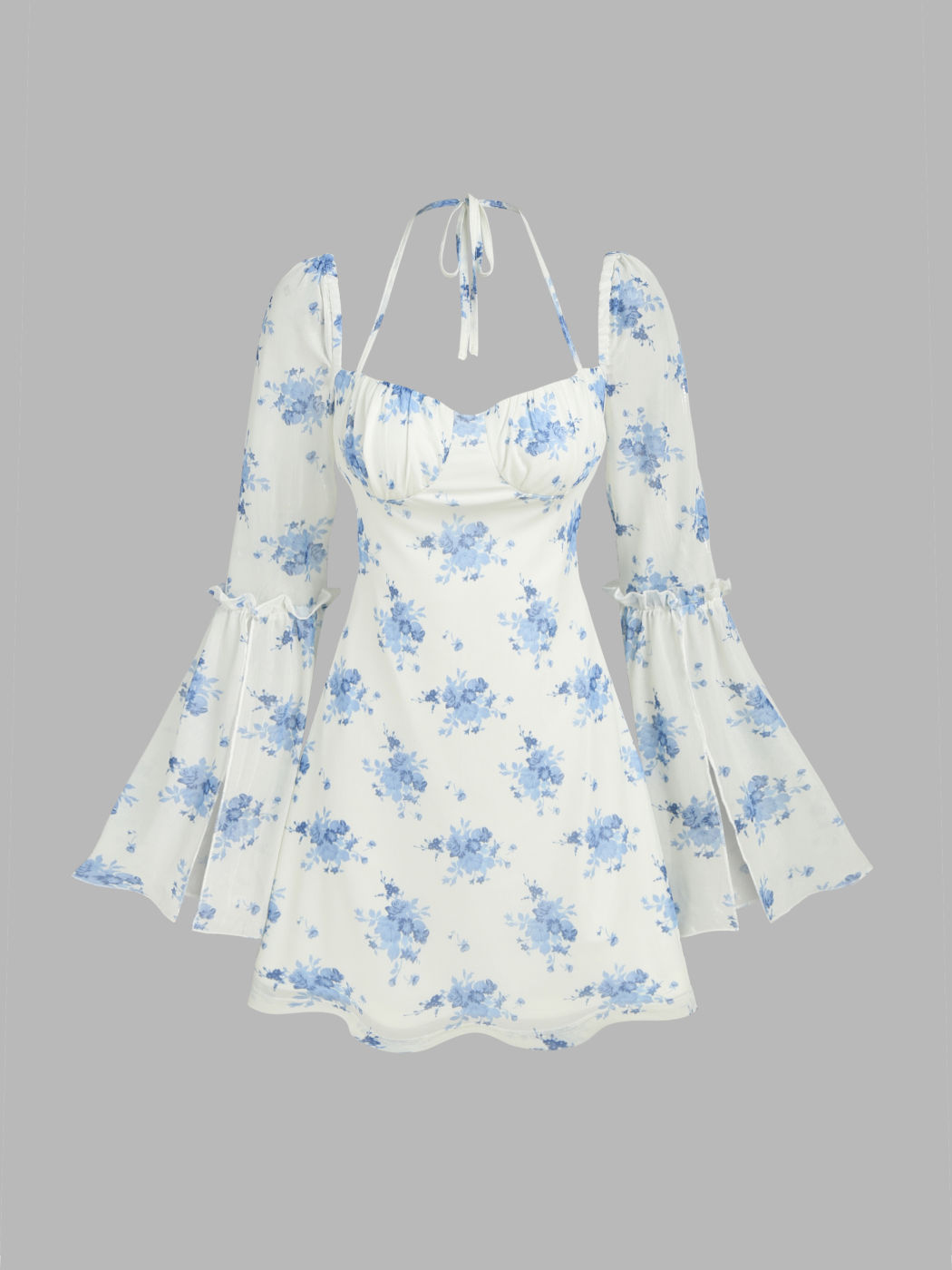 Blumen Glockenärmel Halter Gebundenes Mini Kleid