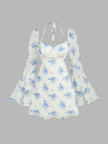 Robe courte à manches évasées florale nouée