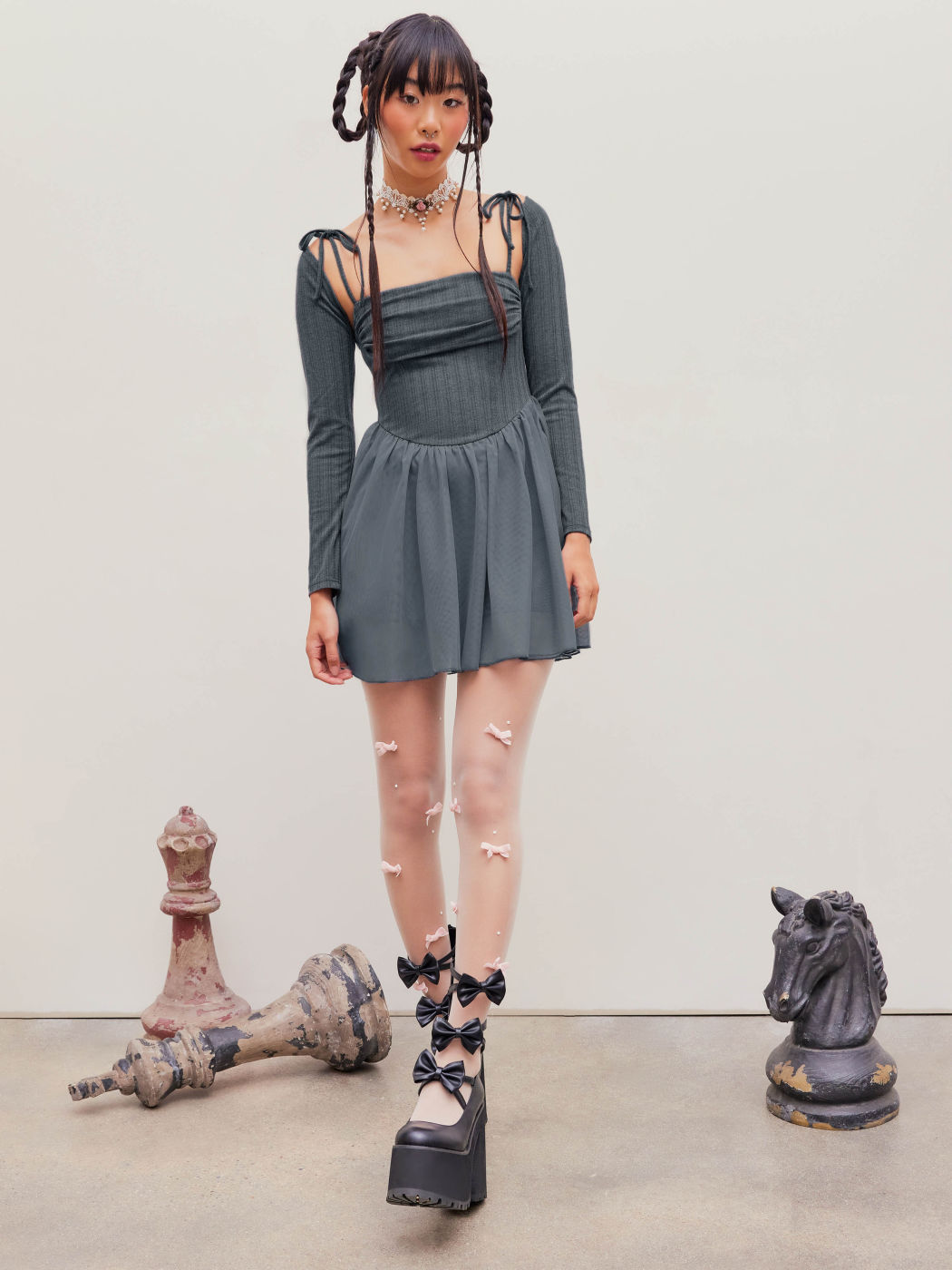 Knit Fabric Ruched Ruffle Mini Dress & Long Sleeve Crop Top Set For ...