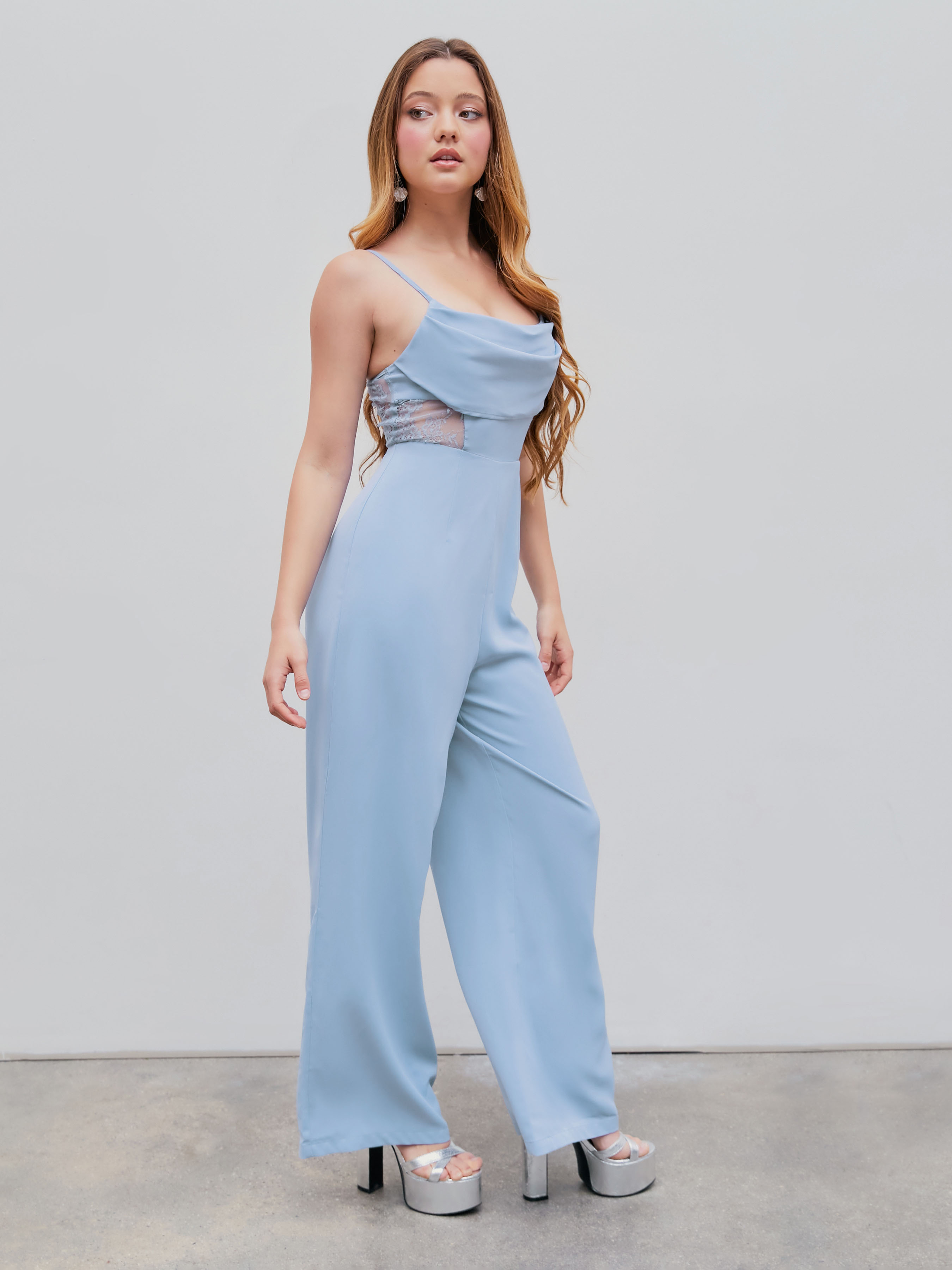 Woven Lace Sheer Cowl Neck Wide Leg Jumpsuit For Exhibition