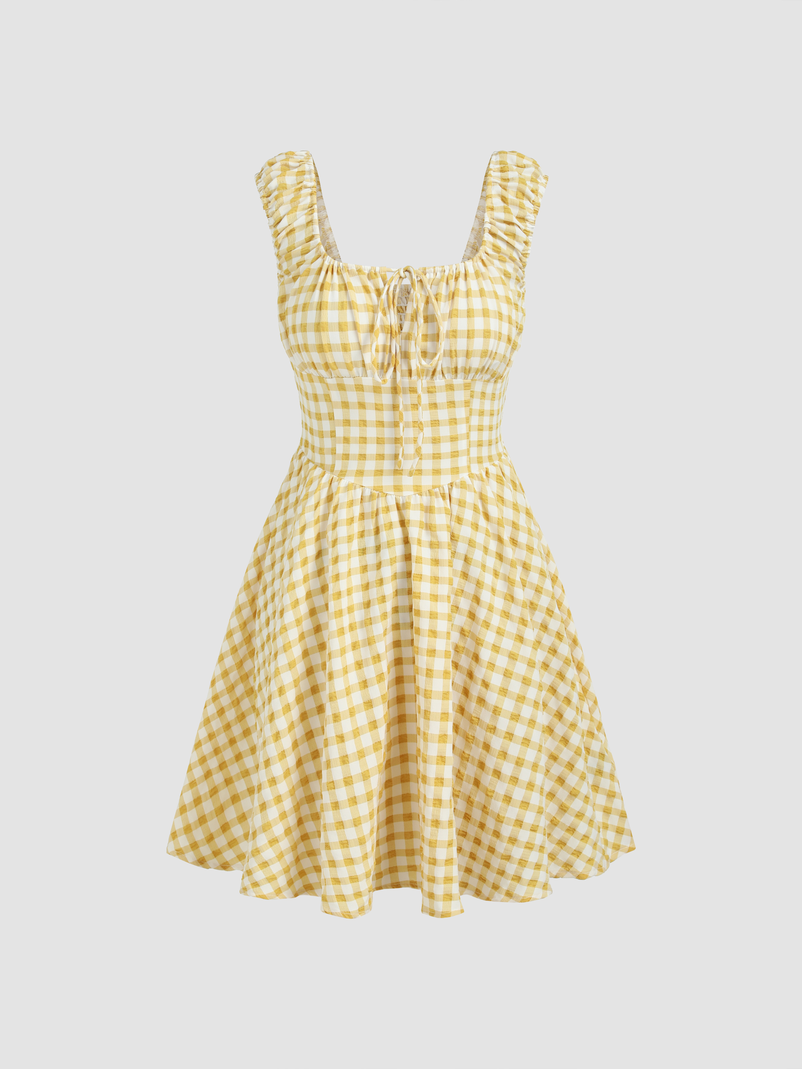 Sun Dresses Coquette Check Shirred Knotted Ruffle Mini Dress For