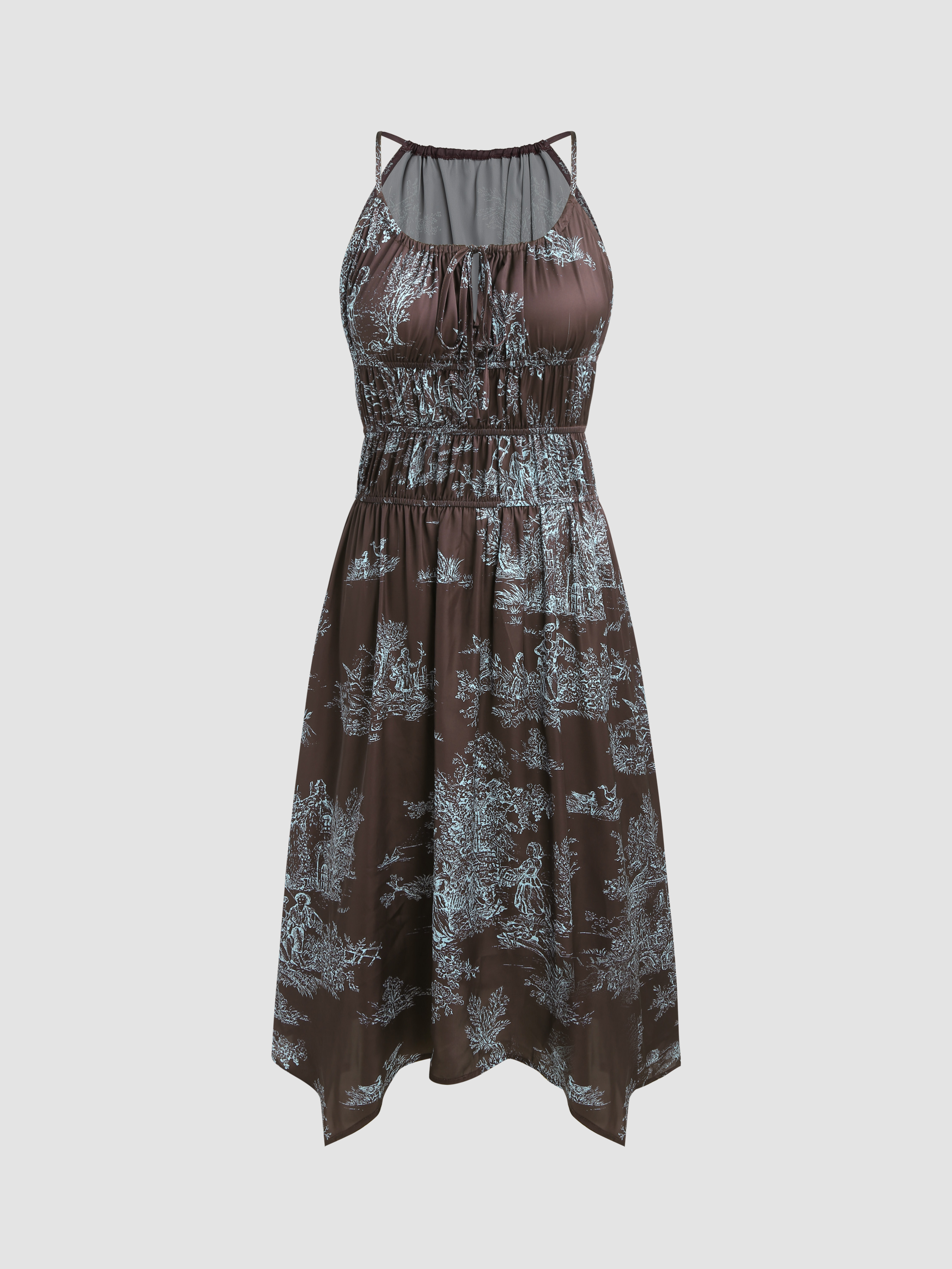 Woven Toile de Jouy Ruched Knotted Maxi Dress For Vacation