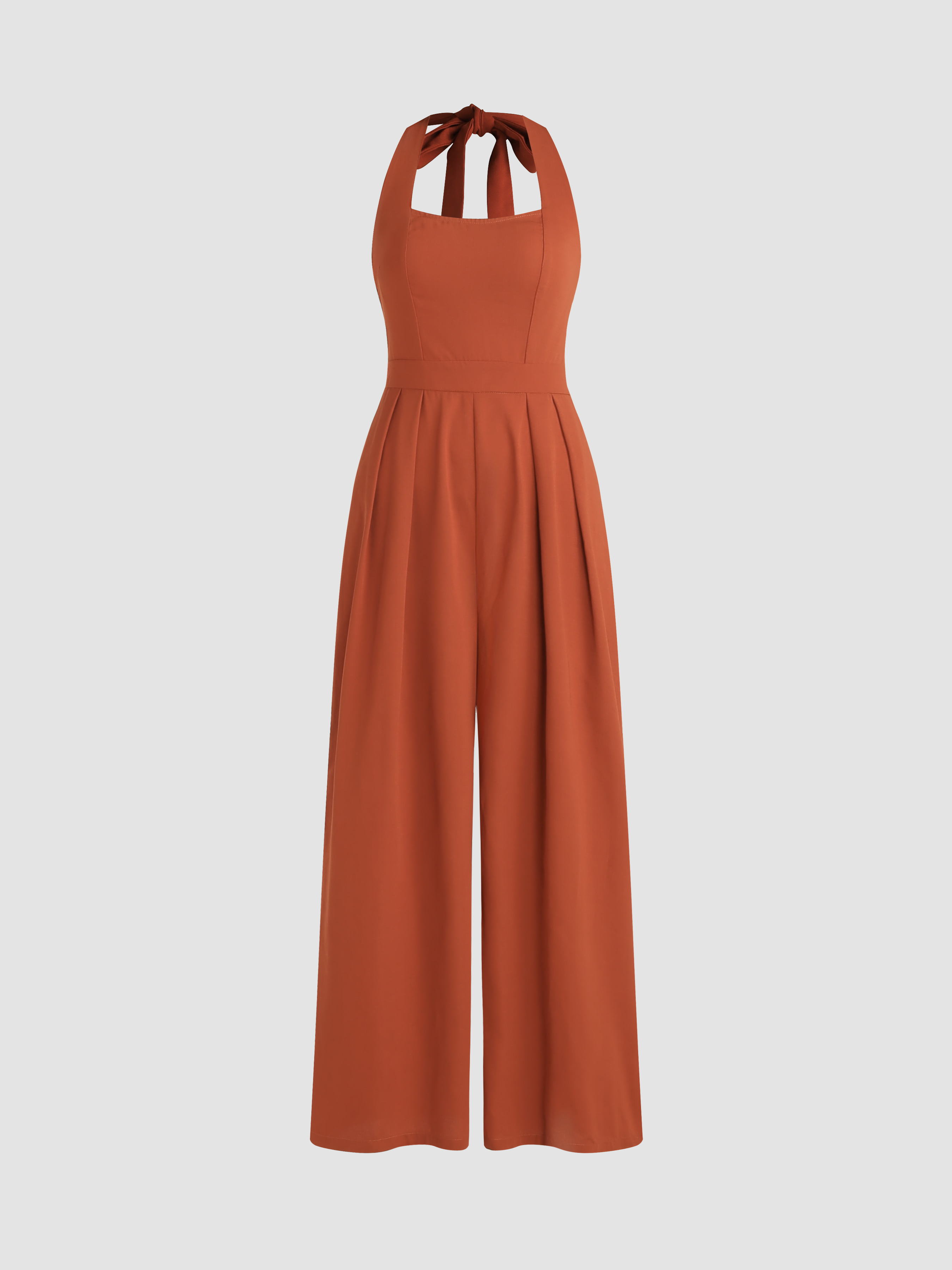 Woven Halter Knotted Pleated Wide Leg Jumpsuit For Daily Casual Vacation