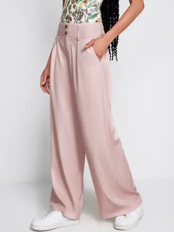 Woven Petite Mid Rise Pleated Straight Leg Pants For Exhibition Coffee Shop Work