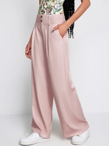 Button Mid Waist Wide Leg Pants