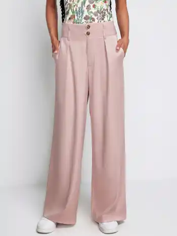 Button Mid Waist Wide Leg Pants