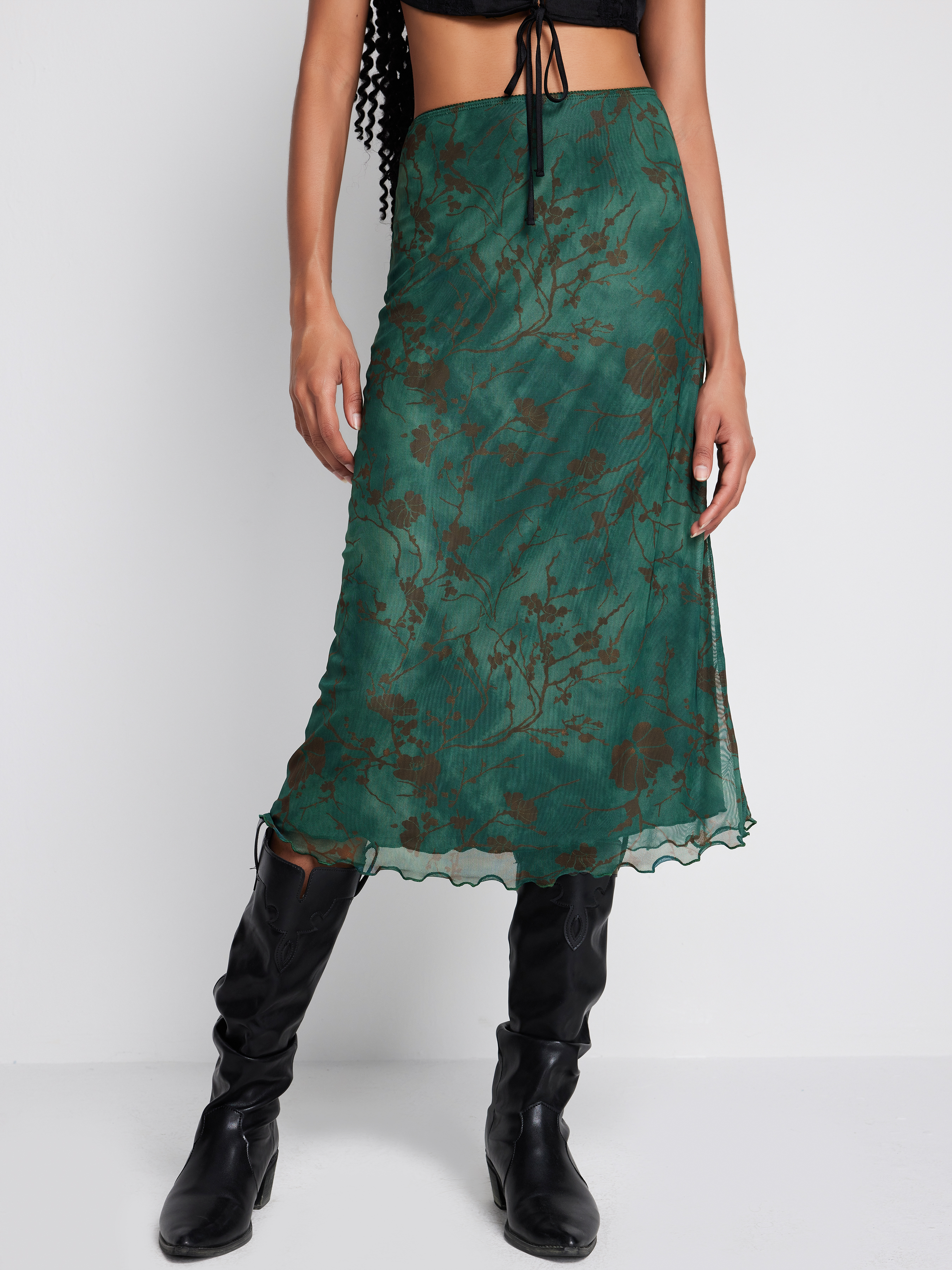 Long Skirts Mesh High Waist Mesh Floral Midi Skirt For