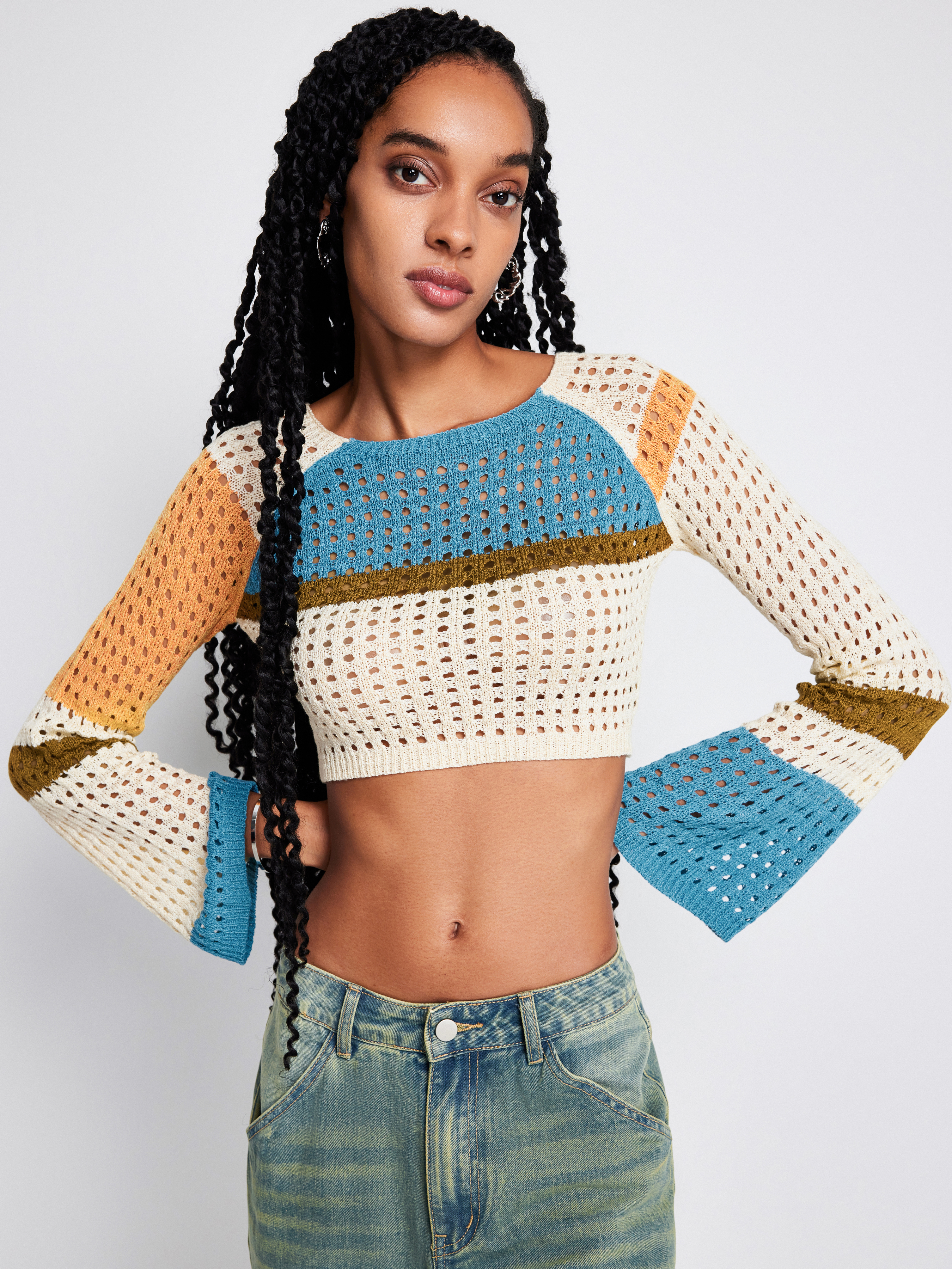 Knit Stripe Hollow Out Long Sleeve Top For Daily Casual