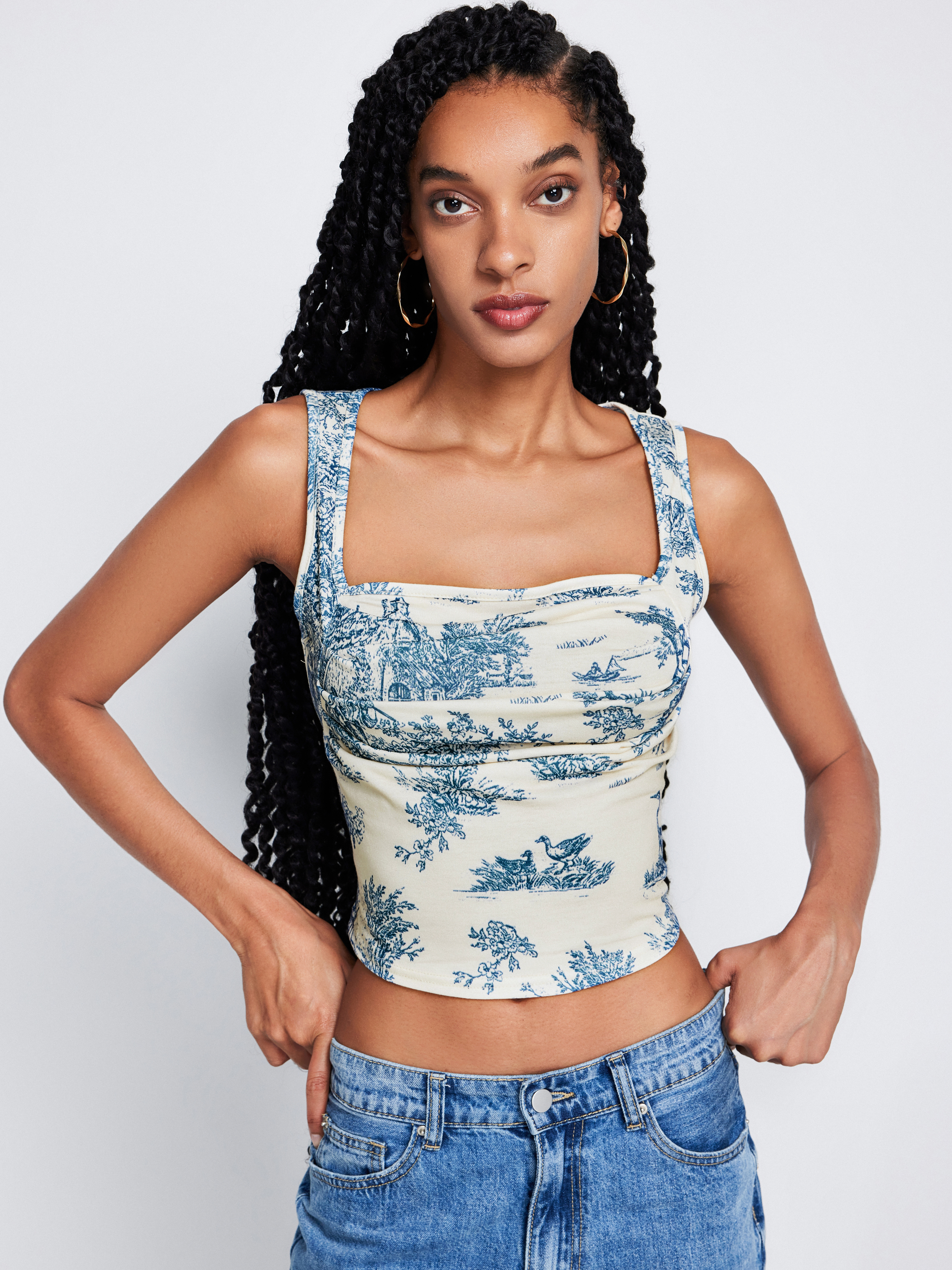 Cute Tops Knit Fabric Toile de Jouy Square Neck Tank Top