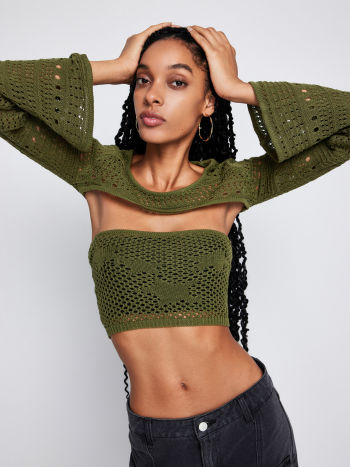 Hollow Out Knit Tube & Long Sleeve Top Set