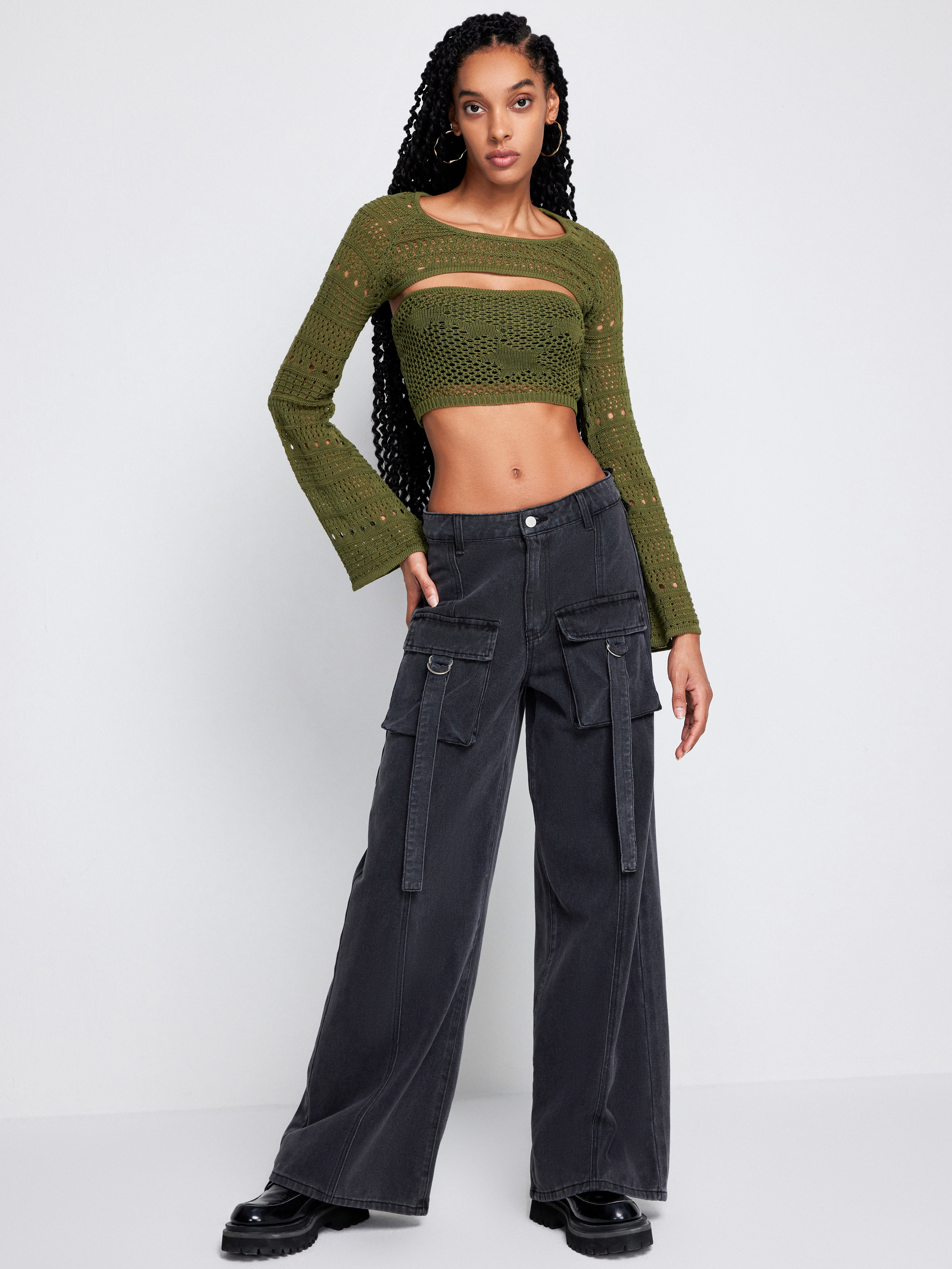 Hollow Out Knit Tube & Long Sleeve Top Set