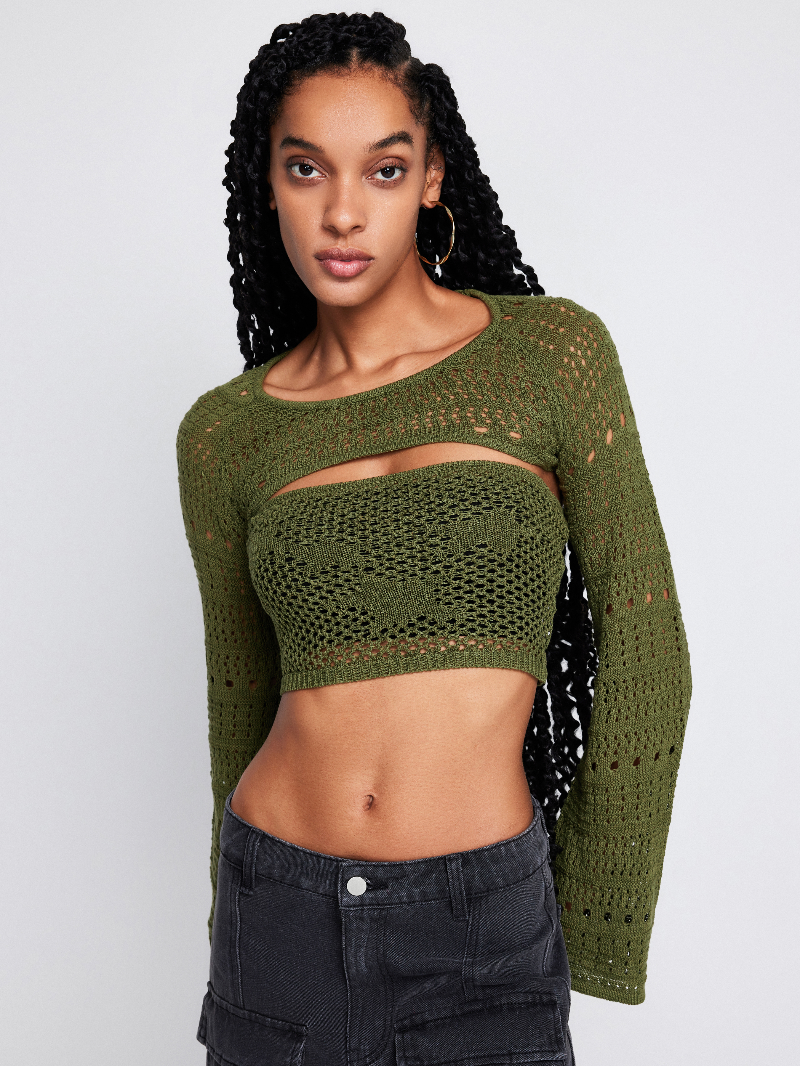 Hollow Out Knit Tube & Long Sleeve Top Set