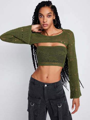 Hollow Out Knit Tube & Long Sleeve Top Set
