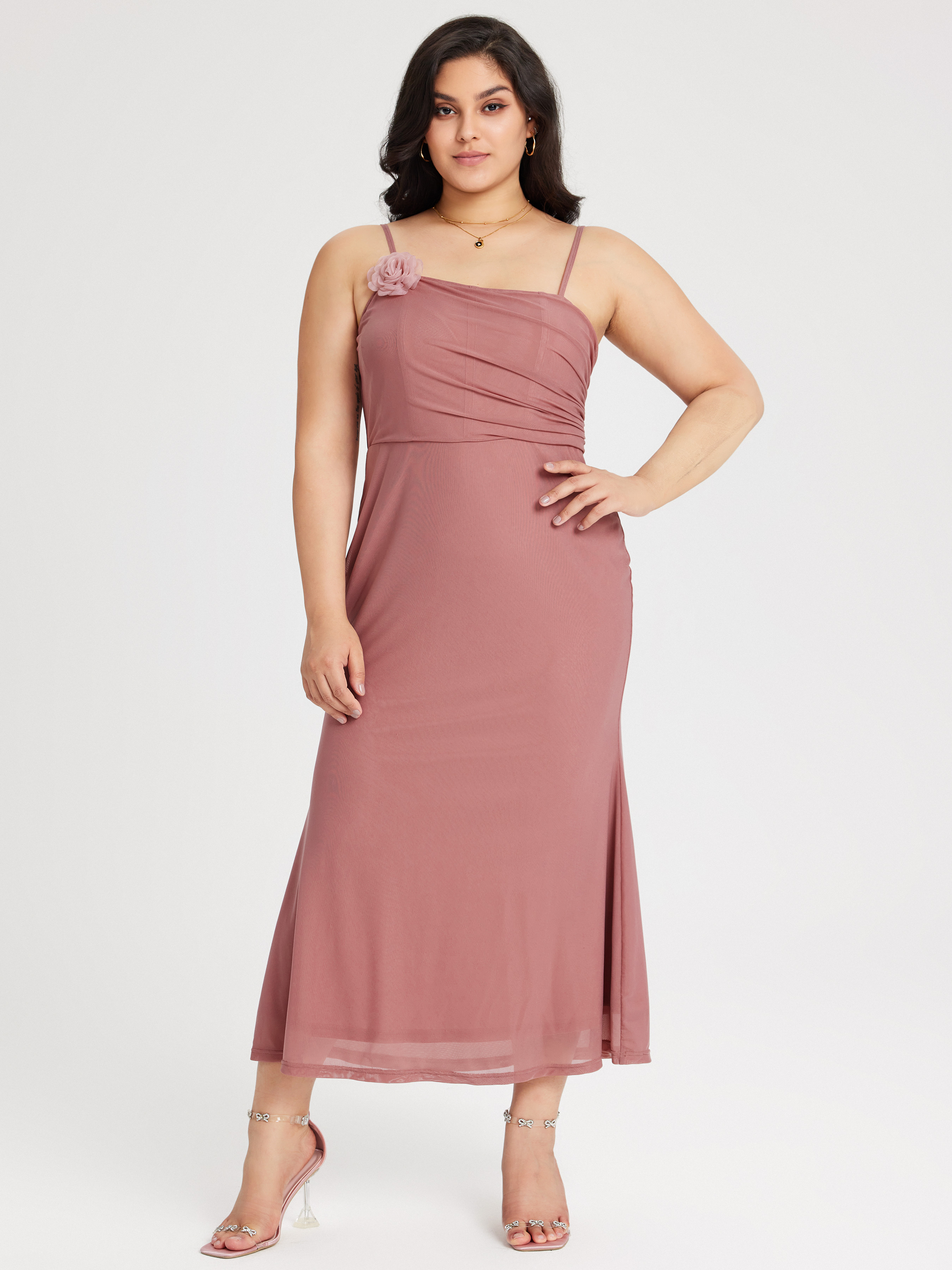 Rosette Ruched Mermaid Midi Dress Curve & Plus Cider