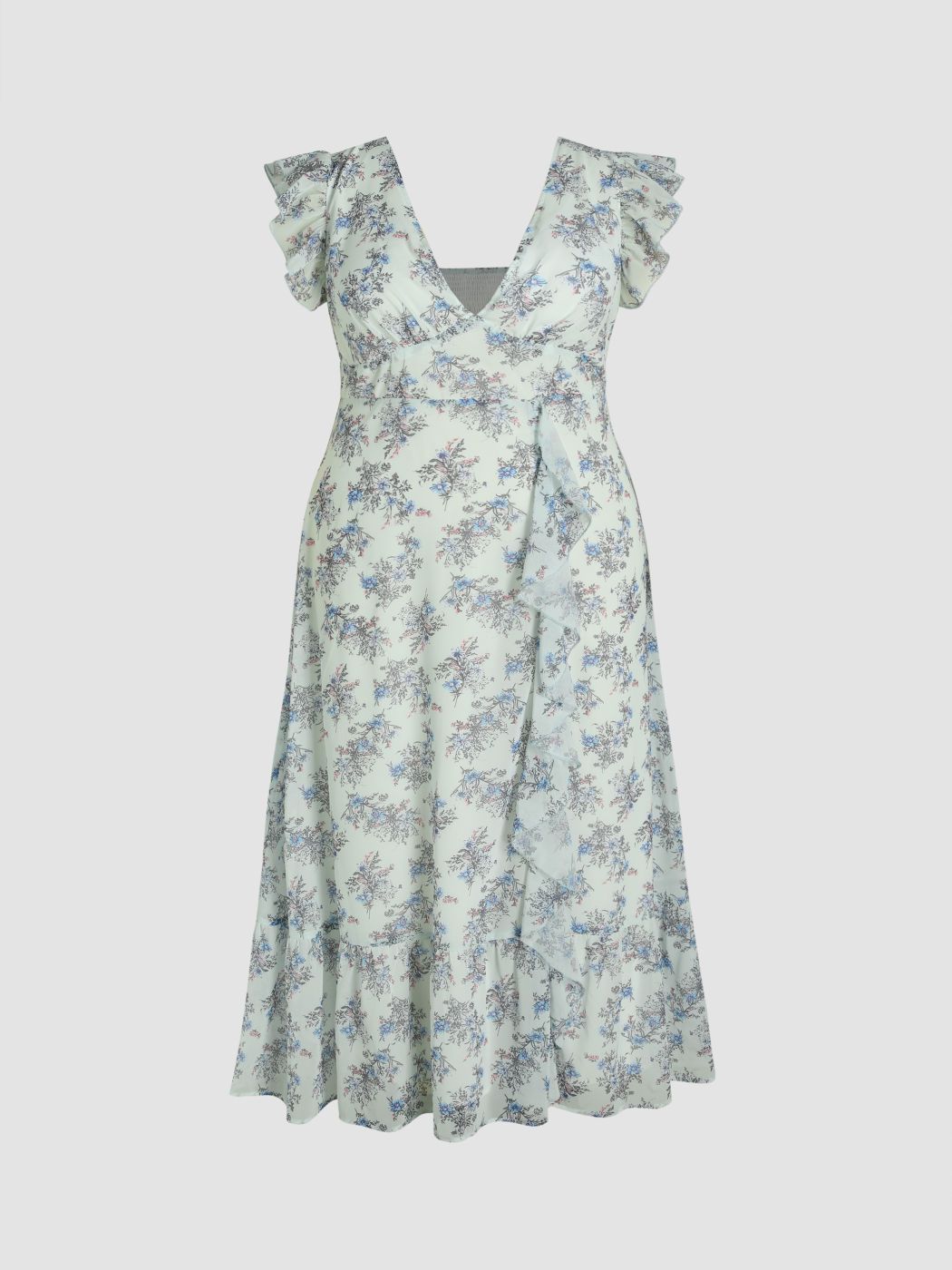 Maxi abito in chiffon floreale con balze e lattuga Curvy