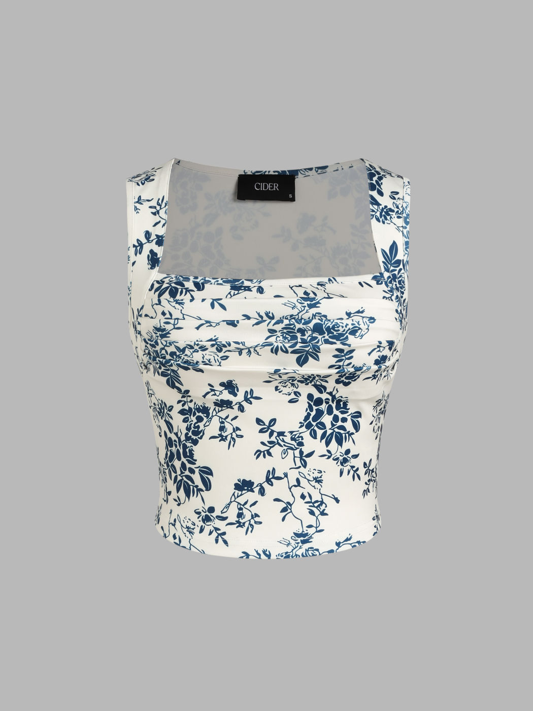  Florales Gerafftes Crop Tank Top mit Quadratischem Ausschnitt