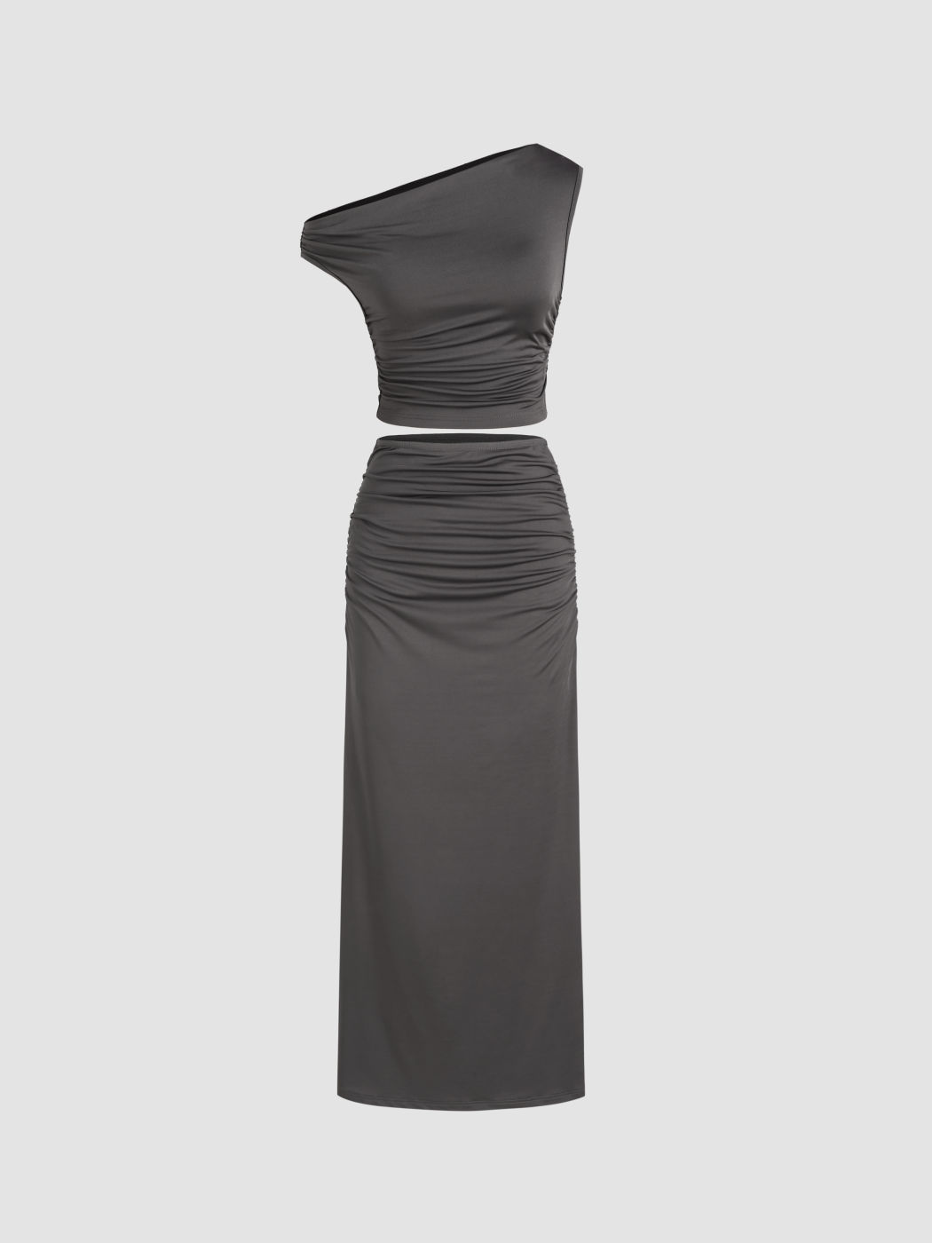 Asymmetrical Ruched Crop Top & High Waist Maxi Skirt Set