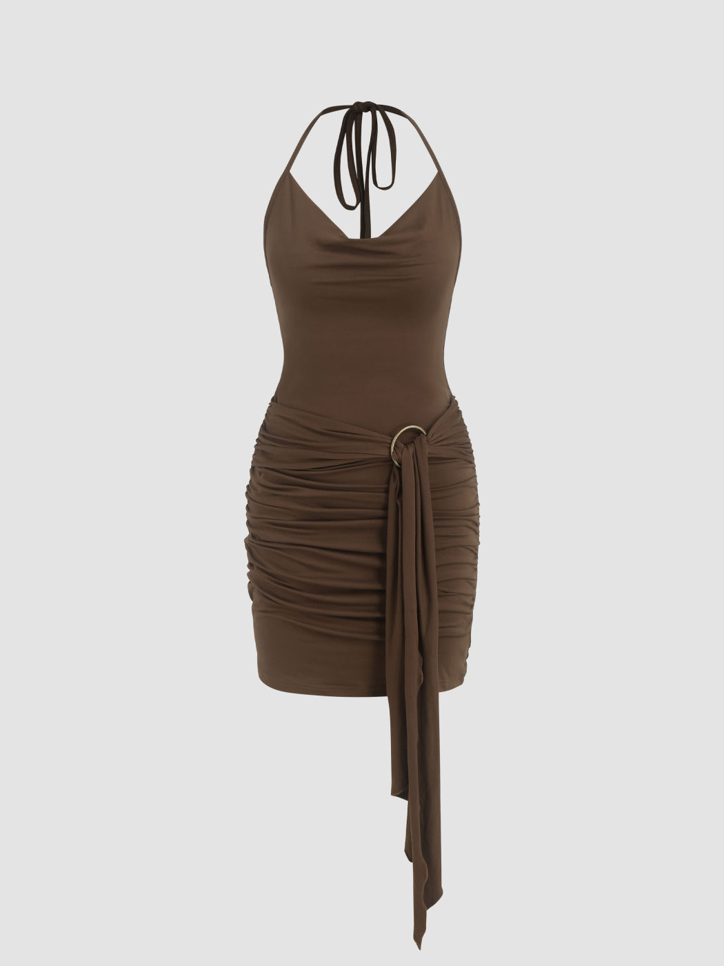Halter ruched square neck solid mini dress