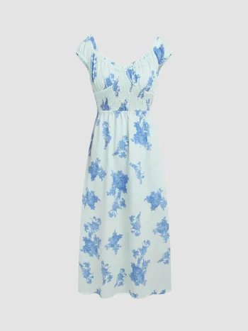 Robe longue à fleurs avec col en V et fronces