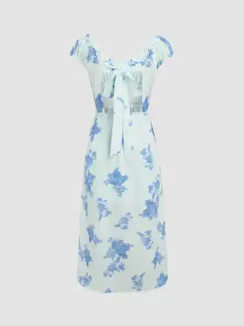 Robe longue à fleurs avec col en V et fronces