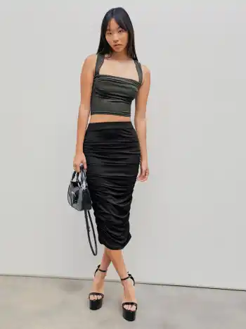 High Waist Ruched Midi Skirt
