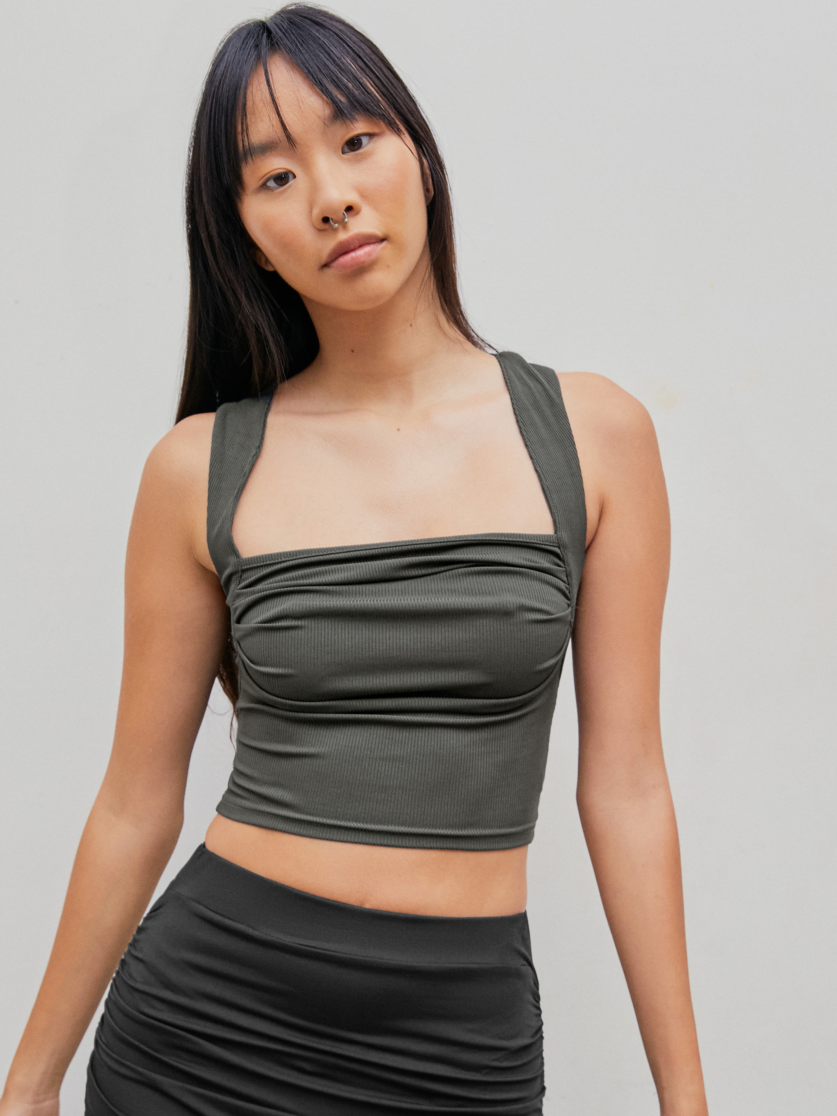 Solid Ruched Square Neck Crop -