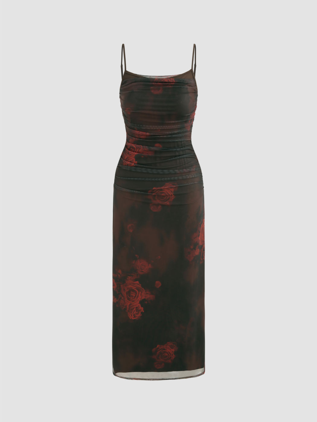 Sylphe Red Asymmetrical Ruched Mesh Maxi Dress