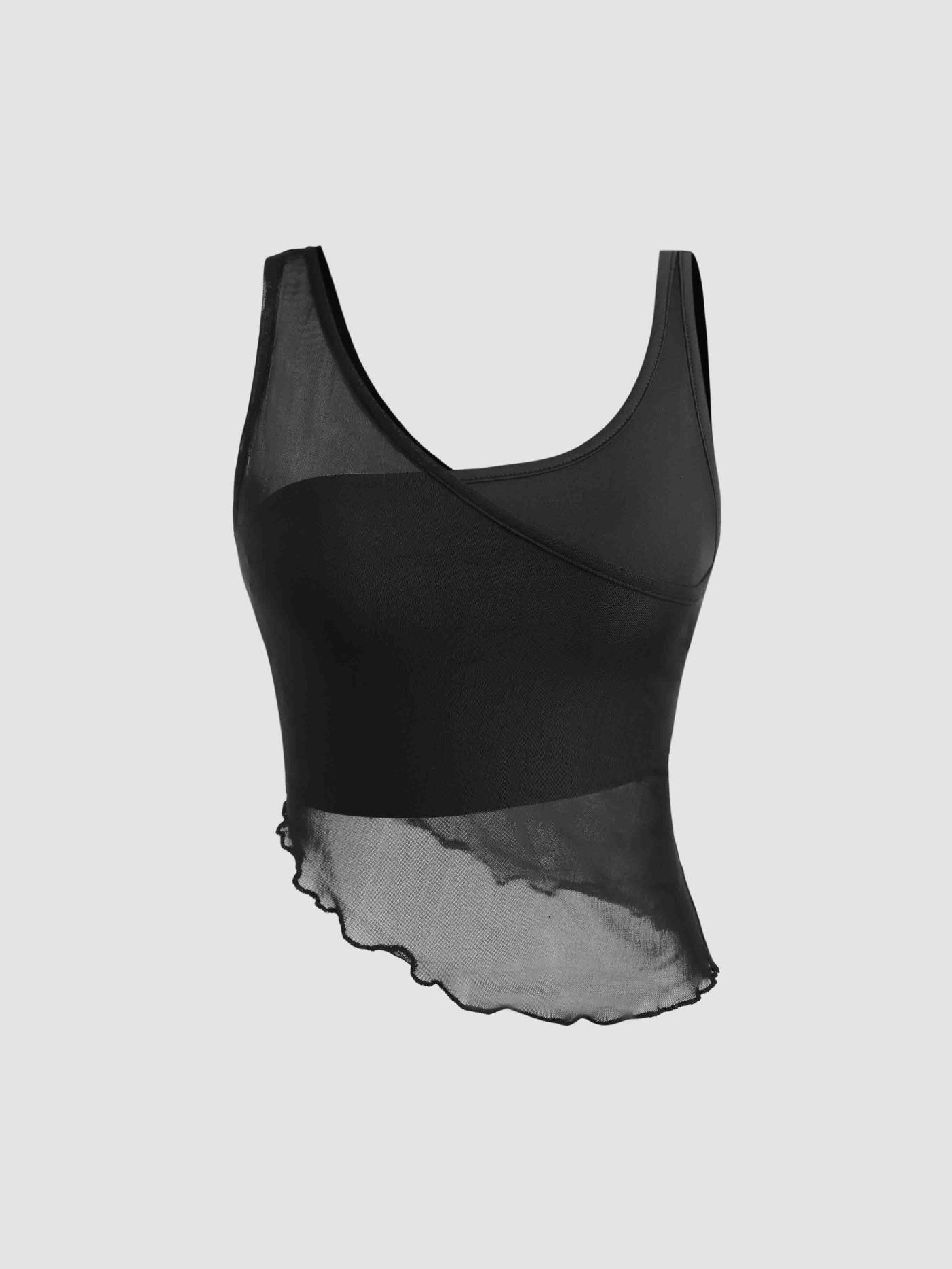 Mesh Lettuce Trim Asymmetrical Crop Top