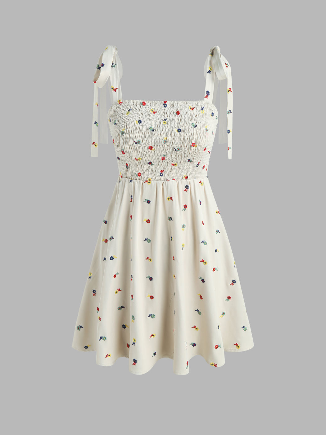 Geblümtes, gerafftes Minikleid mit Rüschensaum