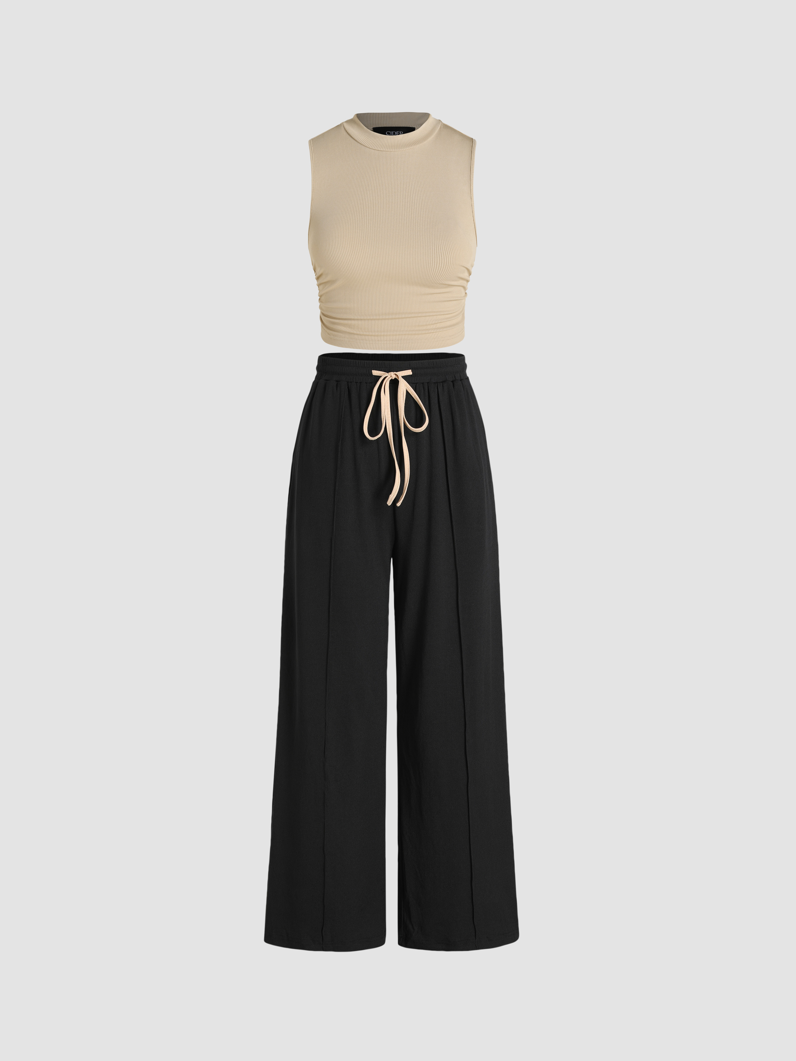 Ruched Tank Crop Top & Elastic Waist Knotted Trousers Set