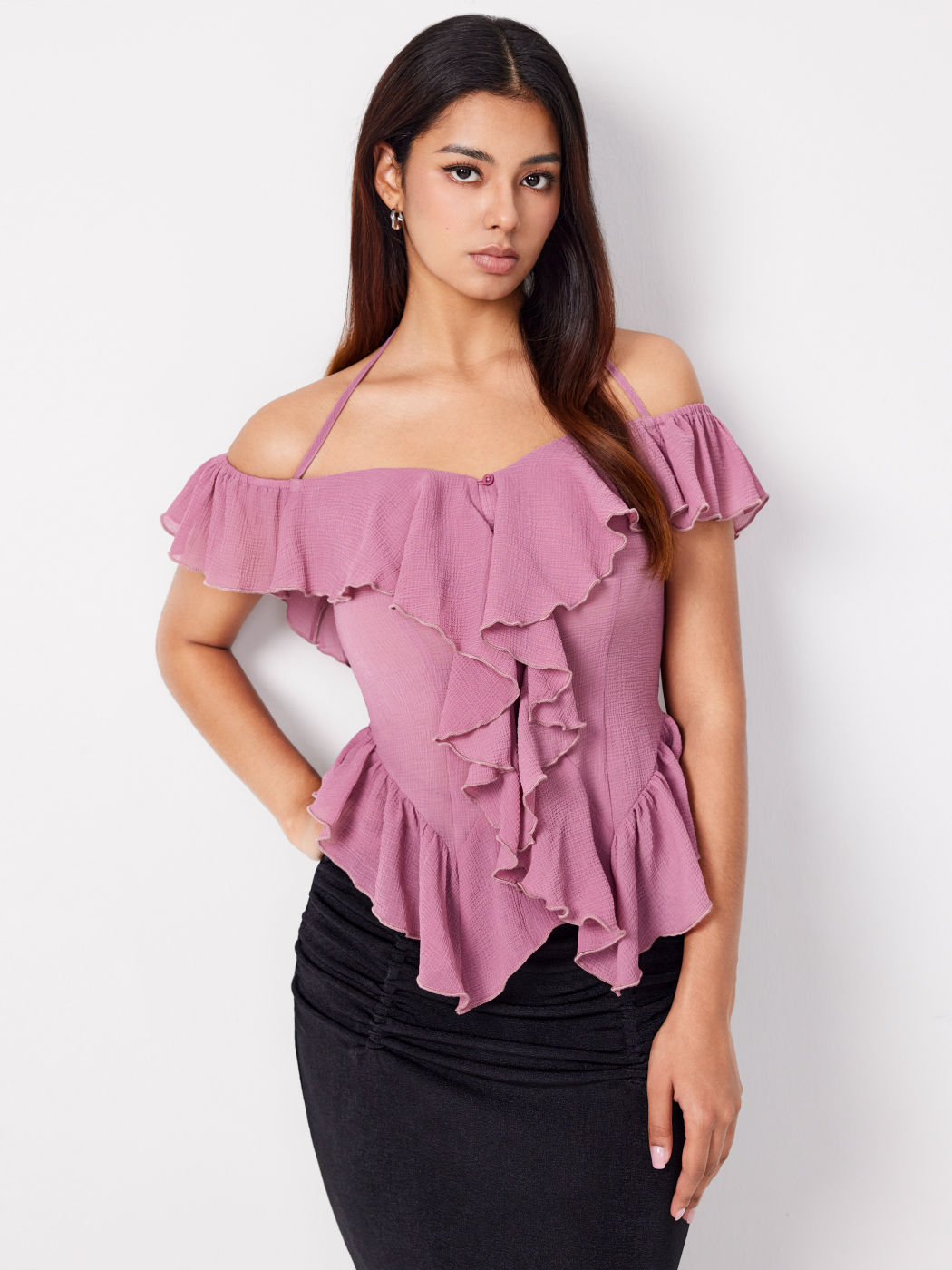 Ruffle Hem V-neck Halter Short Sleeve Blouse - Cider