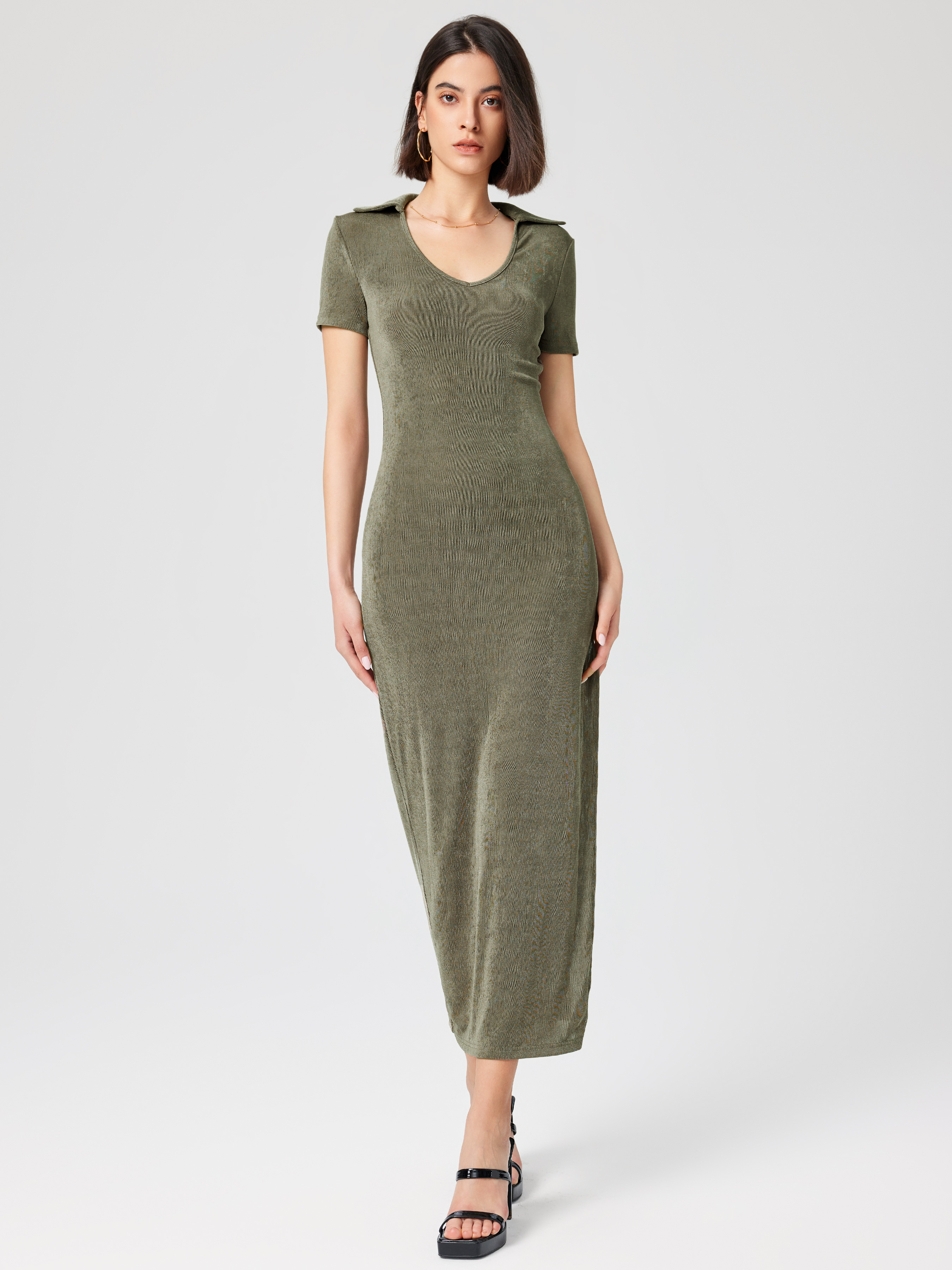 Split V-neck Collar Knit Midi Dress For Daily Casual