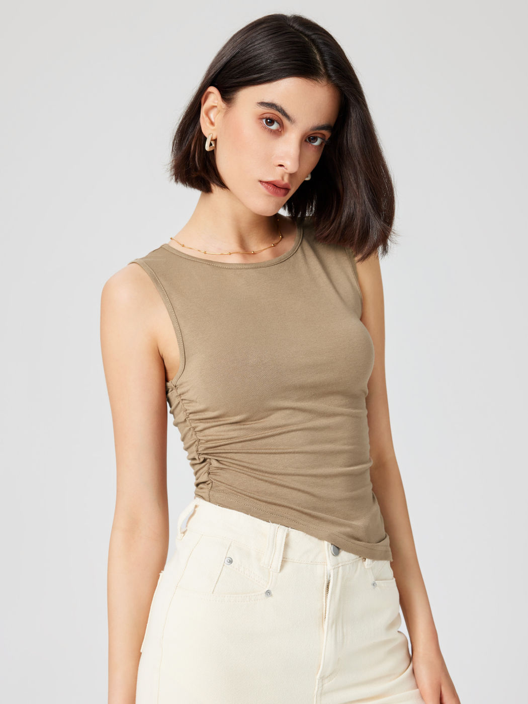  Rundhalsausschnitt Gerafftes Crop Top