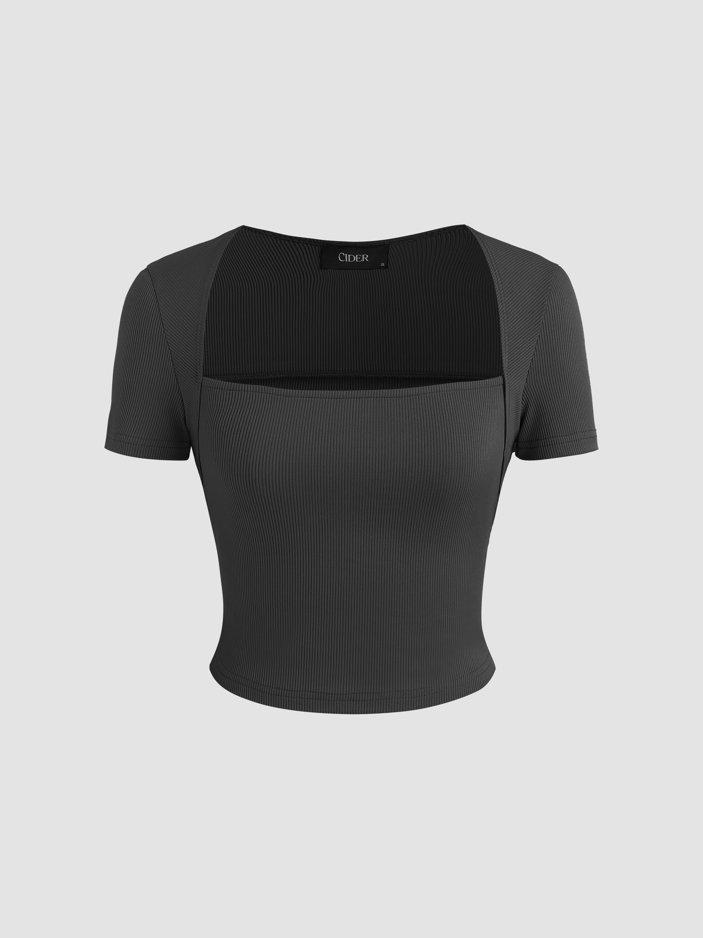 Rib Rib Square Neck Short Sleeve Tee For Daily Casual rib-rib-square-neck-short-sleeve-tee-for-daily-casual