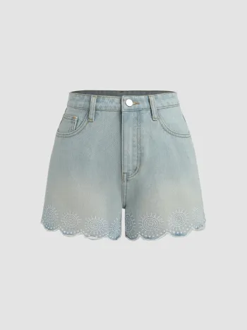 Short en jean avec broderie florale et franges
