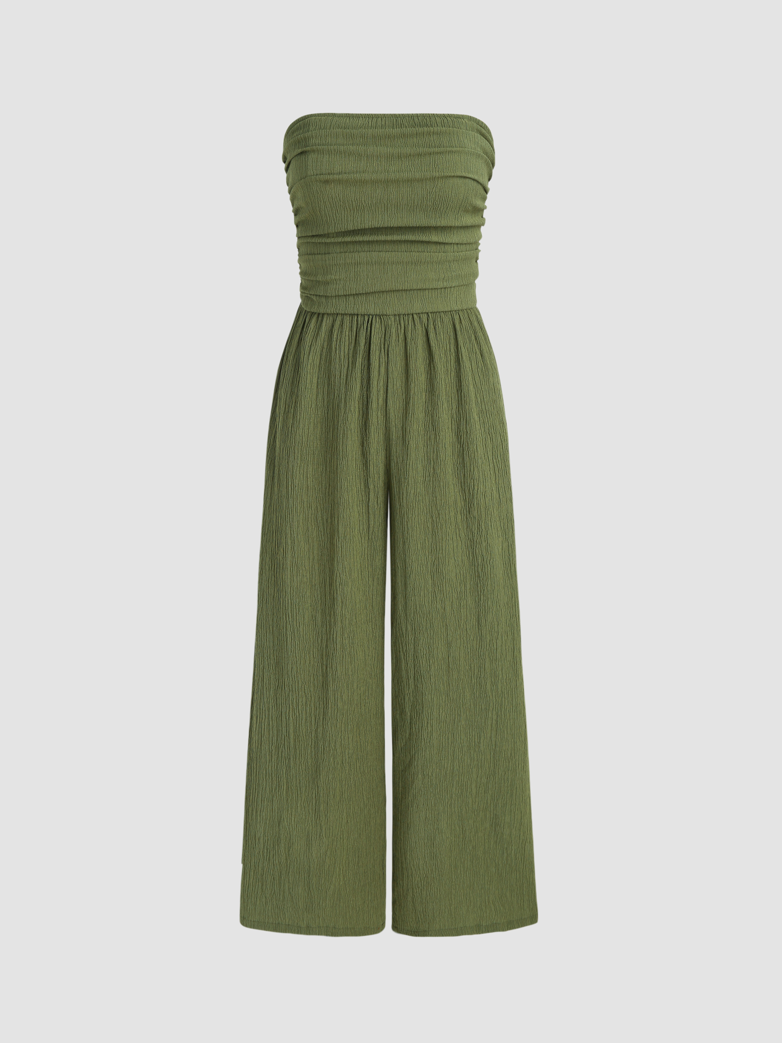 Woven Texture Ruched Tube Wide Leg Jumpsuit For Daily Casual