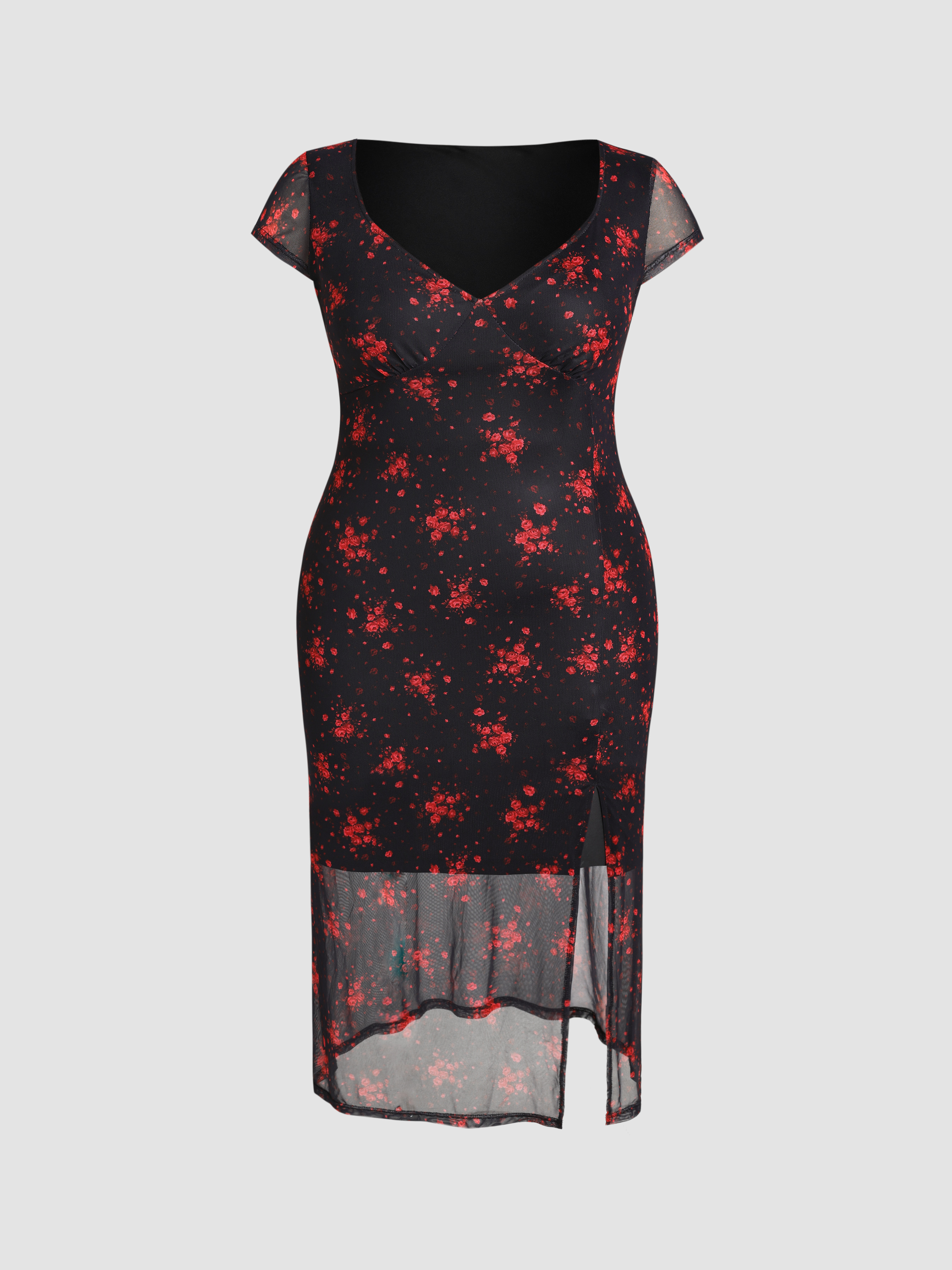 Floral Split Mesh Midi Dress Curve & Plus Cider