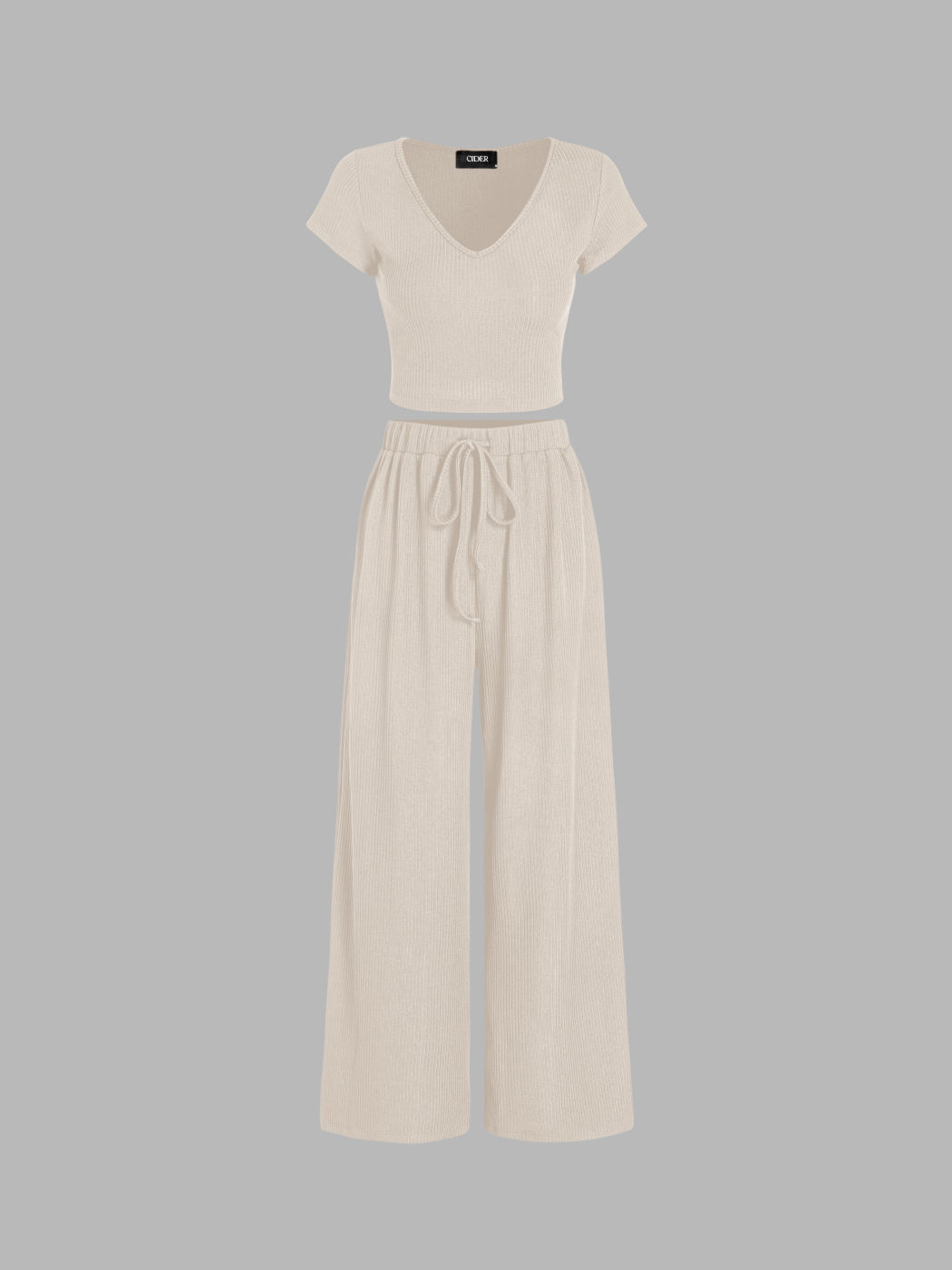  V-Ausschnitt Kurzarm Crop Tee & Knoten Weite Bein Hosen Set