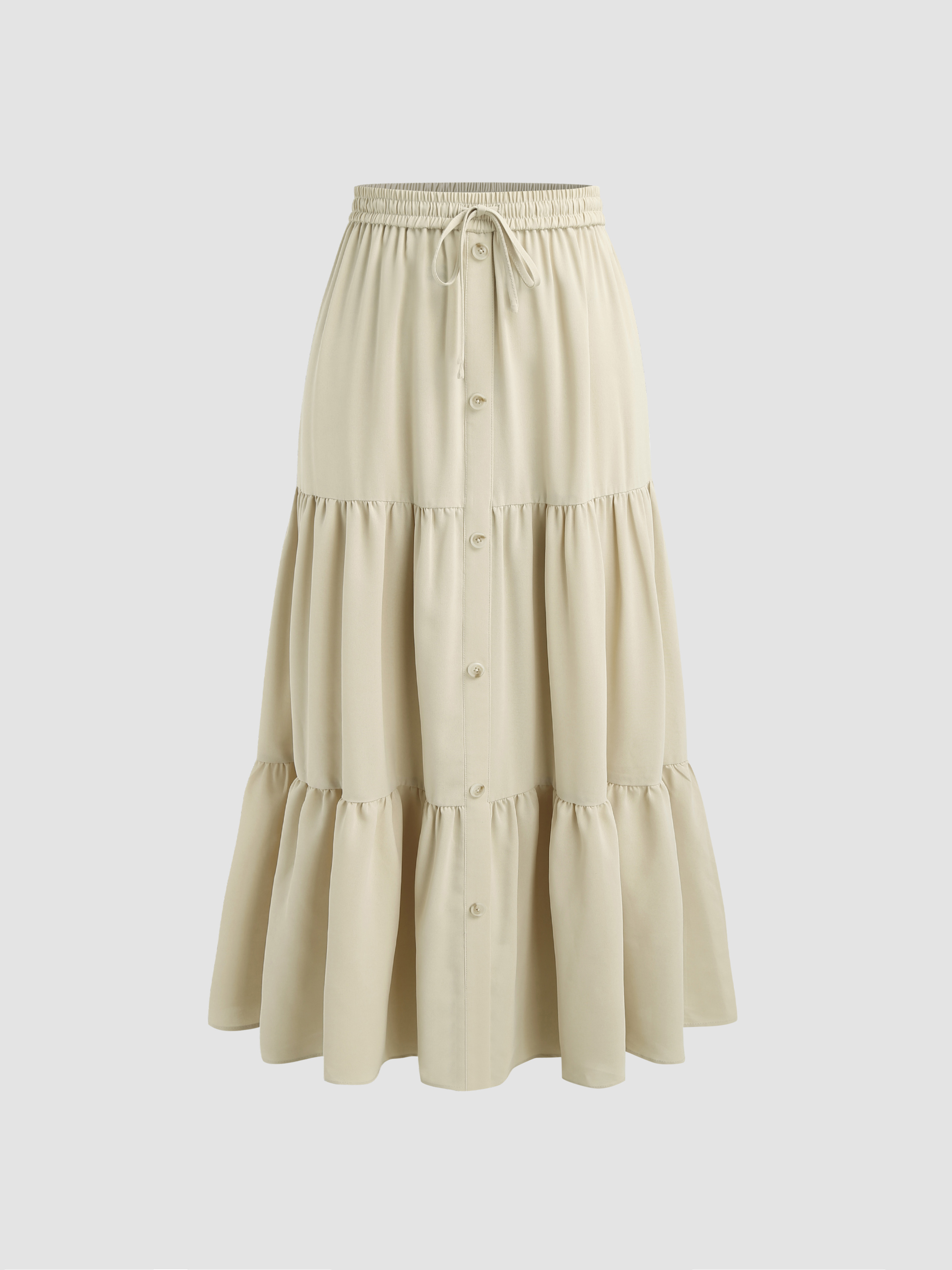 Middle Waist Ruffle Button Tiered Maxi Skirt Cider