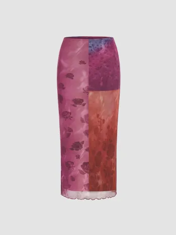  Mesh-Blumenmuster Längsgestreifter Maxirock mit Wellensaum