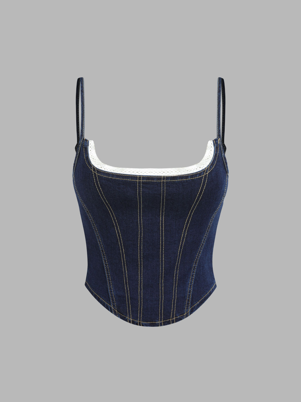 Gesmoktes Crop-Top mit Denim-Spitzenbesatz