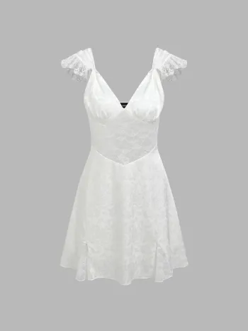 Geblümtes Jacquard-Spitzen-Minikleid mit V-Ausschnitt