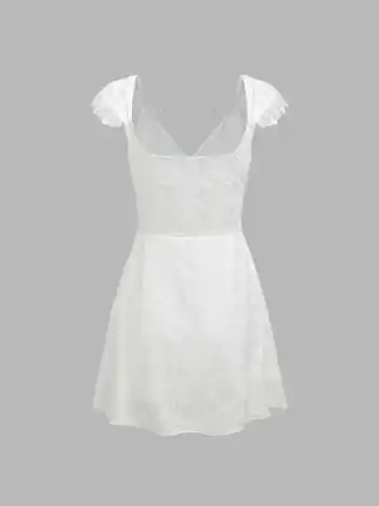 Geblümtes Jacquard-Spitzen-Minikleid mit V-Ausschnitt