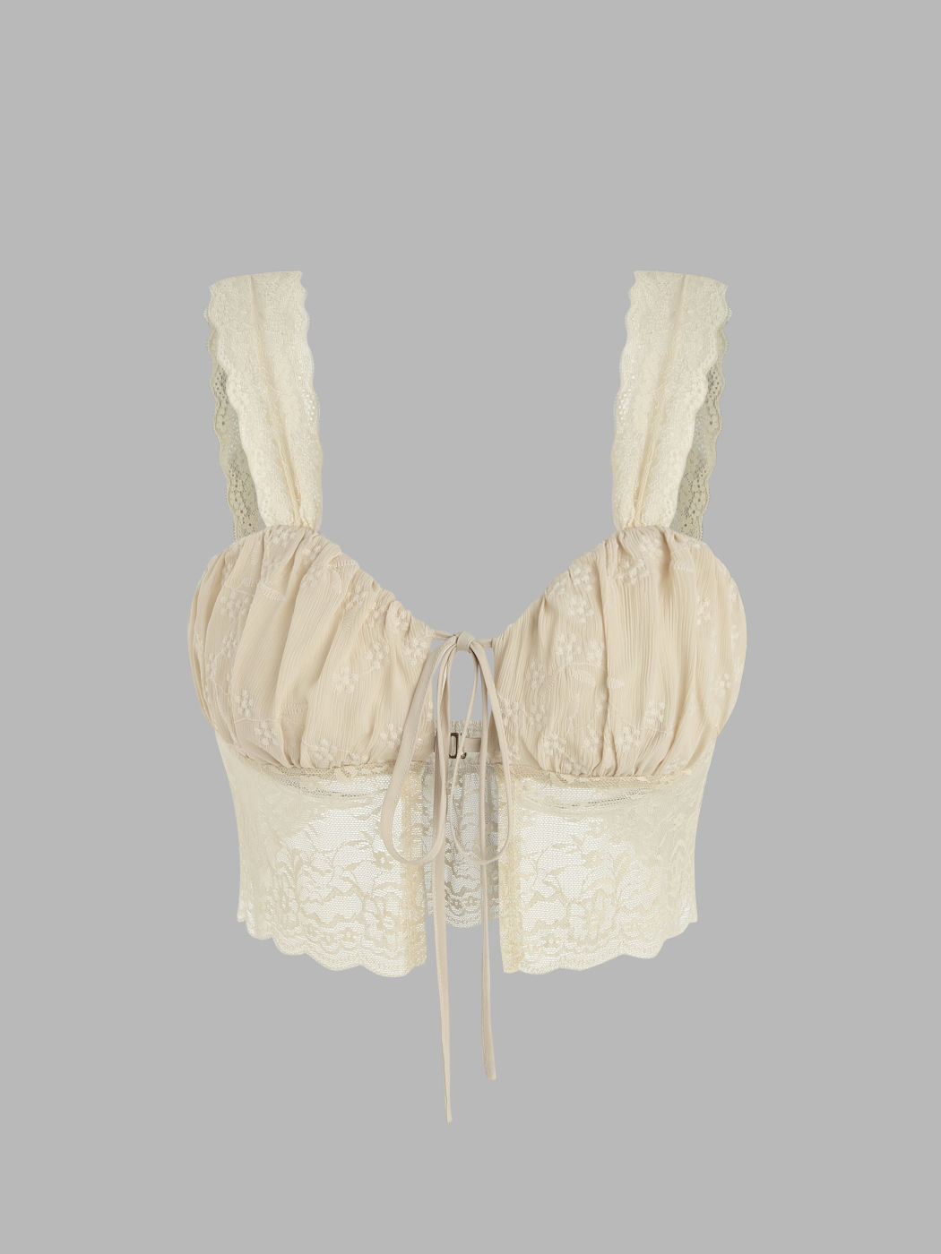 Geblümtes, gerafftes, geknotetes Spitzen-Crop-Top