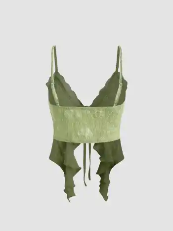 Lace Ruffle Hem Knotted Knit Crop Top