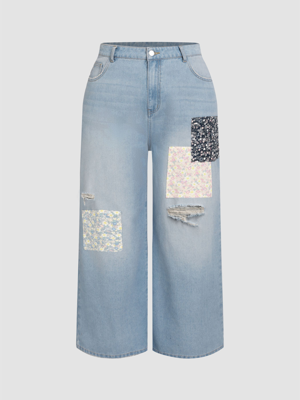 Denim Floral Patchy Ripped Jeans Kurve & Plus