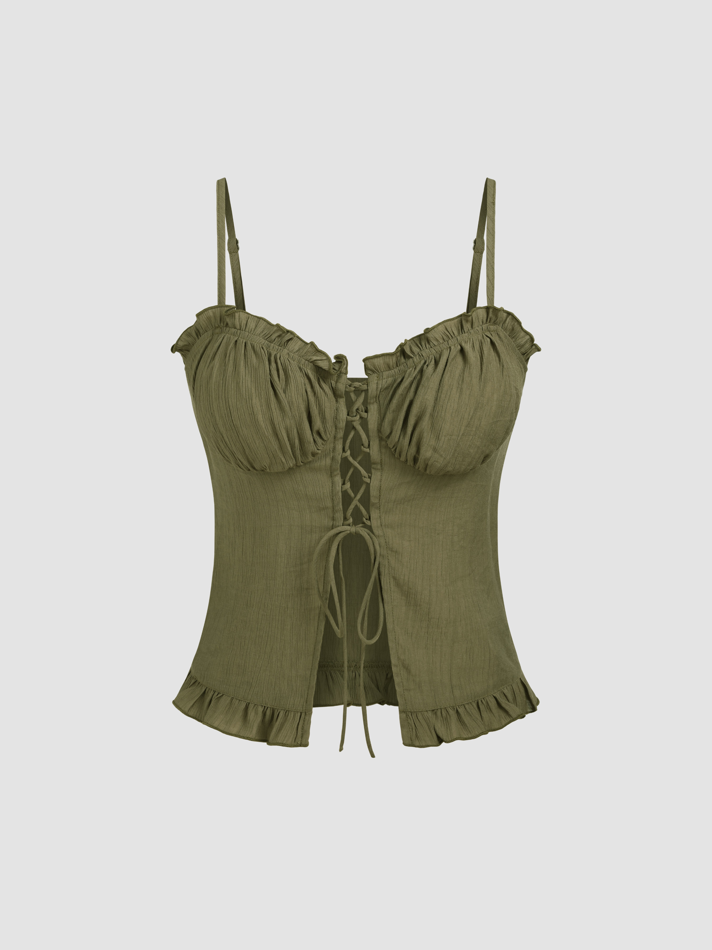 Ruched Lace Up Ruffle Hem Crop Top Cider